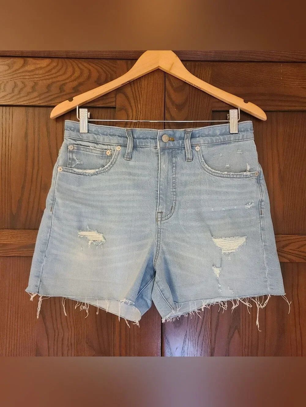 Madewell High Waisted Light Blue Distressed Denim Jean Shorts Size 28
